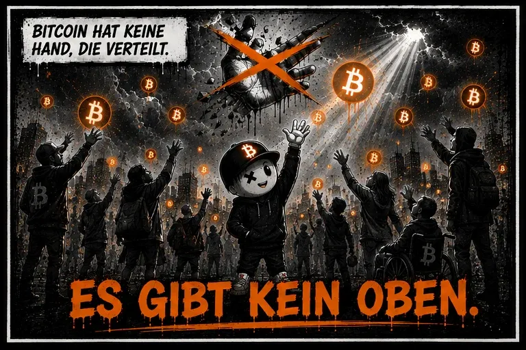 Die verteilende Hand ist orange durchgestrichen, eine gemischte Menge greift frei nach leuchtenden Bitcoin-Münzen