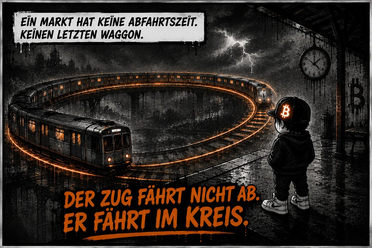 Pete steht auf einem Bahnsteig und sieht einem Zug zu, der auf einem Kreisgleis fährt statt abzufahren. Text: „Ein Markt hat keine Abfahrtszeit. Keinen letzten Waggon. Der Zug fährt nicht ab. Er fährt im Kreis.“