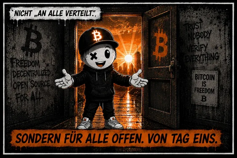 Pete steht mit offenen Armen in einer geöffneten Tür, dahinter geht über der Stadt die Sonne auf. An den Wänden Graffiti: „Freedom“, „Decentralized“, „Open Source“, „For All“, „Trust nobody, verify everything“. Text: „Nicht ,an alle verteilt.‘“ und „Sondern für alle offen. Von Tag eins.“