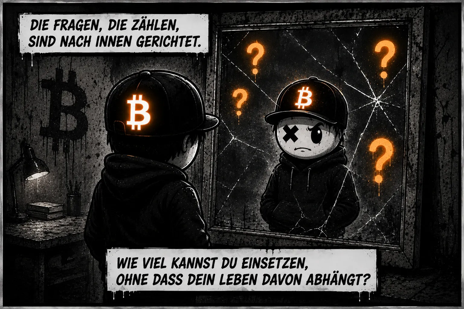 Pete steht vor einem gesprungenen Spiegel, im Spiegelbild leuchten orangefarbene Fragezeichen. Text: „Die Fragen, die zählen, sind nach innen gerichtet. Wie viel kannst du einsetzen, ohne dass dein Leben davon abhängt?“