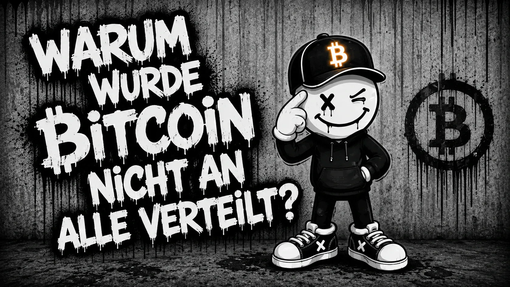 Pete tippt sich zwinkernd an die Schläfe, rechts hinter ihm ein gesprühtes Bitcoin-Zeichen — links der Schriftzug „Warum wurde Bitcoin nicht an alle verteilt?“