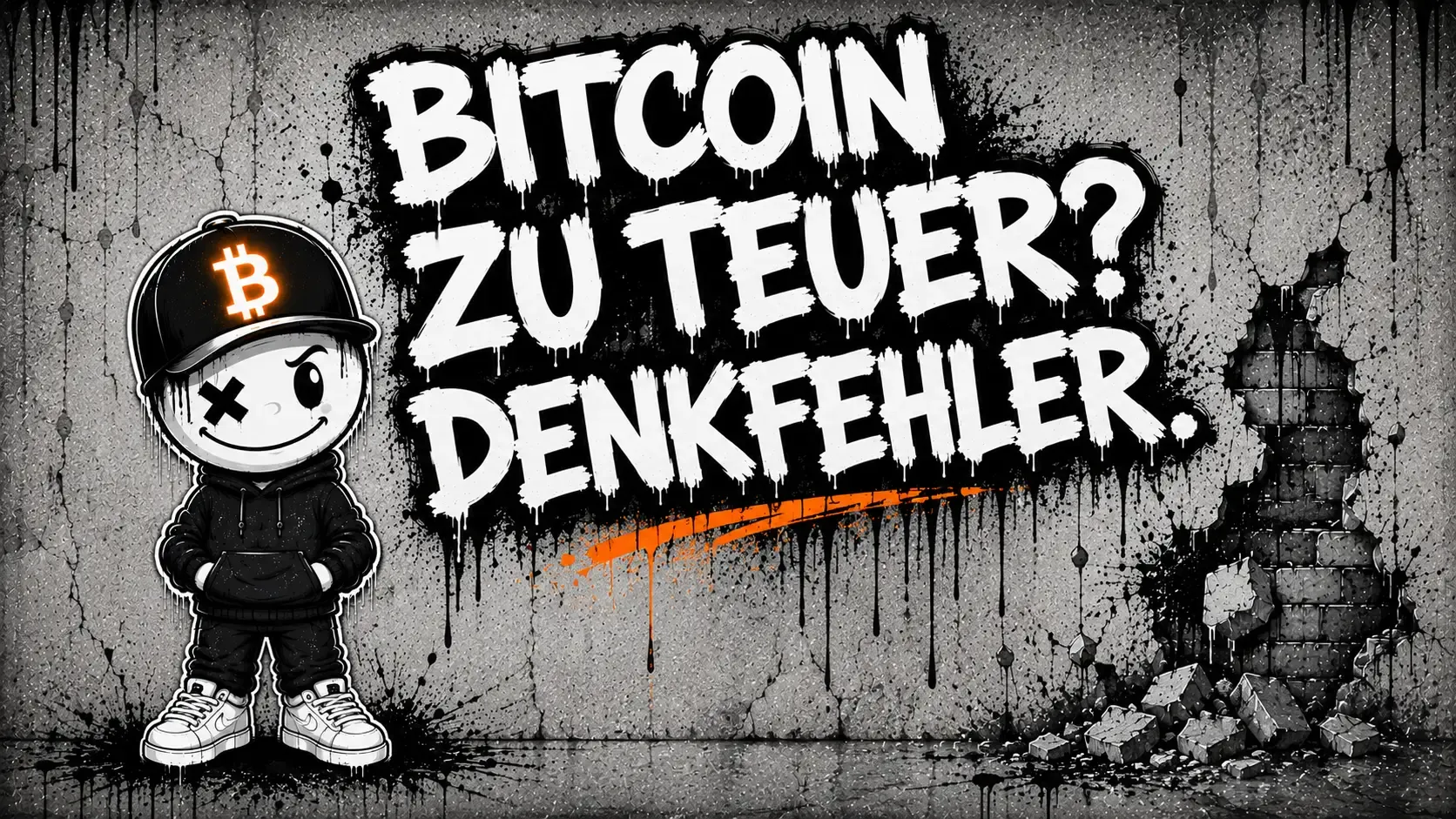 Pete mit Bitcoin-Cap steht mit den Händen in den Hoodie-Taschen vor einer Betonwand, rechts ein Loch in der Mauer mit herausgebrochenen Steinen — Graffiti-Schriftzug „Bitcoin zu teuer? Denkfehler.“