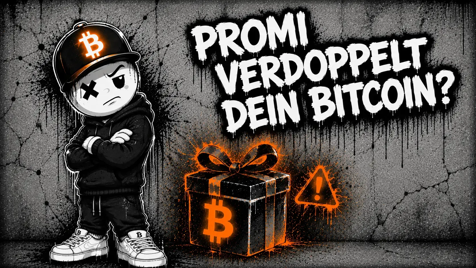 Pete mit Bitcoin-Cap steht mit verschränkten Armen und skeptischem Blick vor einer Betonwand, daneben ein orange leuchtendes Geschenkpaket mit Bitcoin-Zeichen und ein Warndreieck — Graffiti-Schriftzug „Promi verdoppelt dein Bitcoin?“