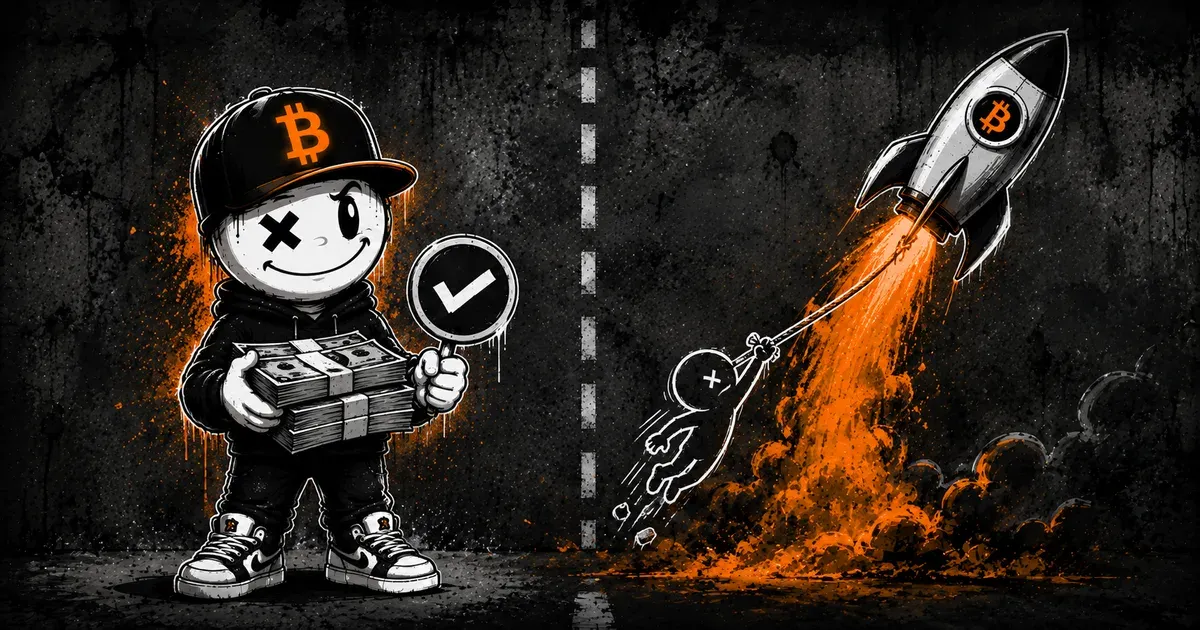 Pete mit Bitcoin-Cap haelt zufrieden ein Buendel Geldscheine und ein Haekchen-Schild, rechts hinter einer gestrichelten Trennlinie wird eine nur weiss umrissene Figur von einer startenden Bitcoin-Rakete nach oben gezogen
