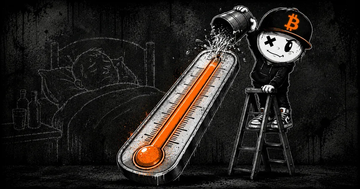 Pete mit Bitcoin-Cap steht auf einer Leiter und giesst Wasser aus einem Eimer ueber die Spitze eines riesigen Fieberthermometers mit orange gefuellter Saeule, im Hintergrund als blasse Kreidezeichnung ein schwitzender Kranker im Bett