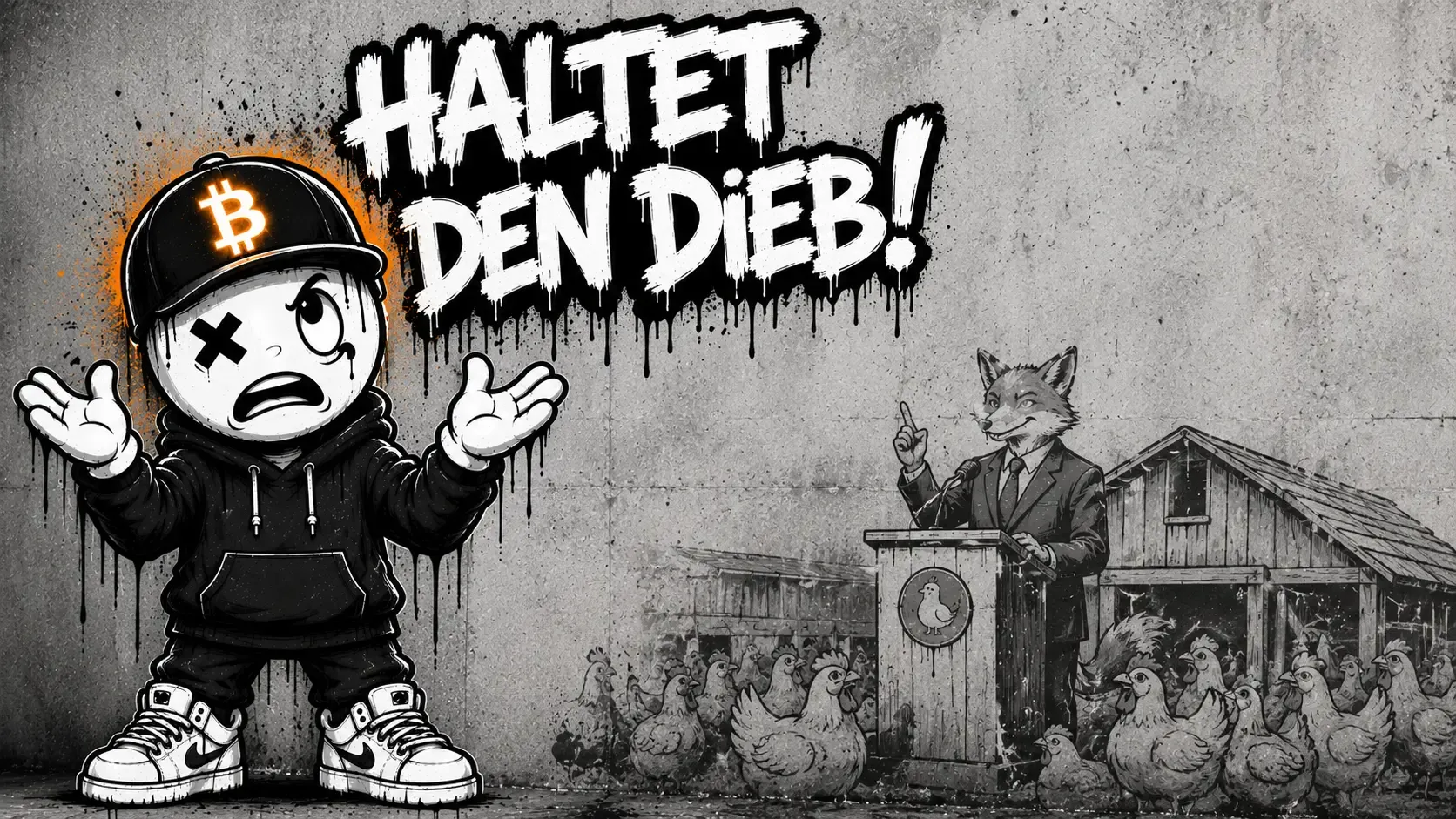 Pete mit Bitcoin-Cap zuckt ratlos die Schultern vor einer Betonwand, rechts hält ein Fuchs im Anzug am Rednerpult eine Ansprache vor einer Schar Hühner — Graffiti-Schriftzug „Haltet den Dieb!“