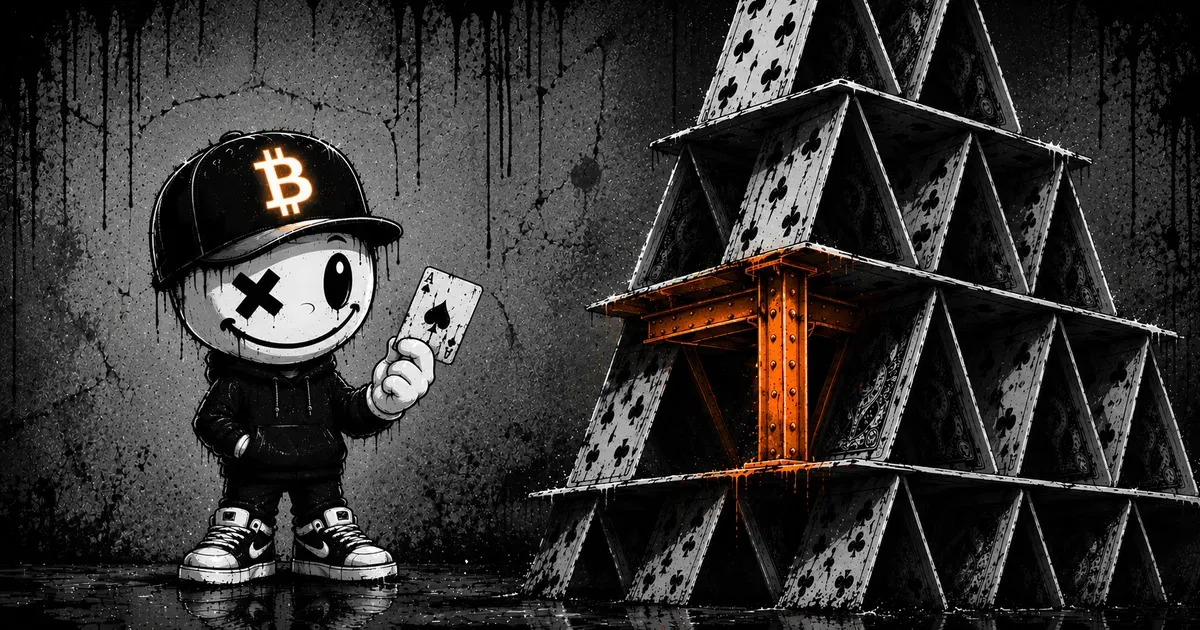 Pete mit Bitcoin-Cap hält eine gerade gezogene Pik-Ass-Karte in der Hand, daneben steht ein Kartenhaus unbeirrt weiter — an der Stelle der fehlenden Karte kommt ein orange leuchtender Stahlträger zum Vorschein
