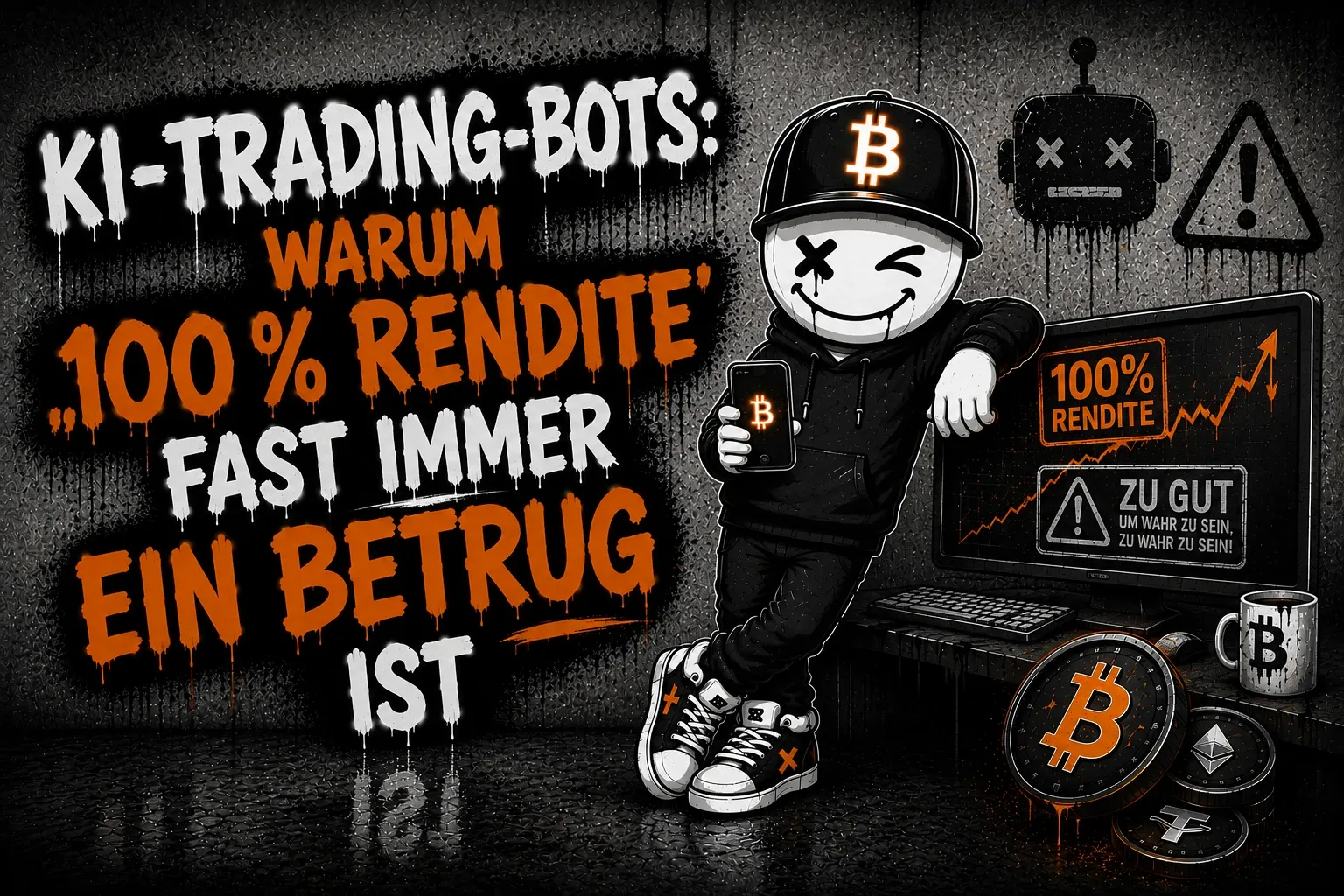 Pete lehnt zwinkernd mit einem Handy in der Hand an einem Schreibtisch, auf dessen Bildschirm ein steil steigender Chart mit dem Aufkleber „100 % Rendite“ und einer Warnung „zu gut um wahr zu sein“ läuft; darüber ein Roboterkopf mit X-Augen und ein Warndreieck — links der Schriftzug „KI-Trading-Bots: Warum 100 % Rendite fast immer ein Betrug ist“