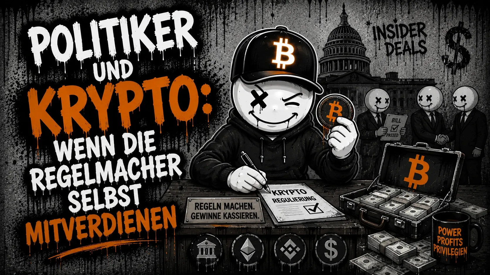 Pete unterschreibt am Schreibtisch ein Papier mit der Aufschrift „Krypto-Regulierung“ und hält dabei eine Bitcoin-Münze hoch; daneben ein Schild „Regeln machen. Gewinne kassieren.“, ein offener Geldkoffer und eine Tasse mit der Aufschrift „Power, Profits, Privilegien“. Im Hintergrund ein Parlamentsgebäude, drei Anzugträger mit einem Dokument „Bill passed“ und der Schriftzug „Insider Deals“ — links der Schriftzug „Politiker und Krypto: Wenn die Regelmacher selbst mitverdienen“