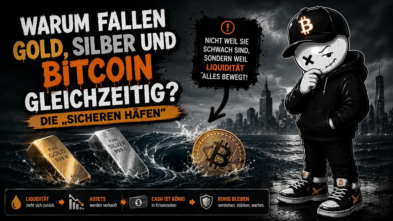 Ein Goldbarren, ein Silberbarren und eine Bitcoin-Münze versinken in einem dunklen Strudel, rechts steht Pete nachdenklich am Ufer vor einer Skyline; in einer Sprechblase steht „Nicht weil sie schwach sind, sondern weil Liquidität alles bewegt!“ — unten eine Kette in vier Schritten: Liquidität zieht sich zurück, Assets werden verkauft, Cash ist König in Krisenzeiten, ruhig bleiben — verstehen, stärken, warten