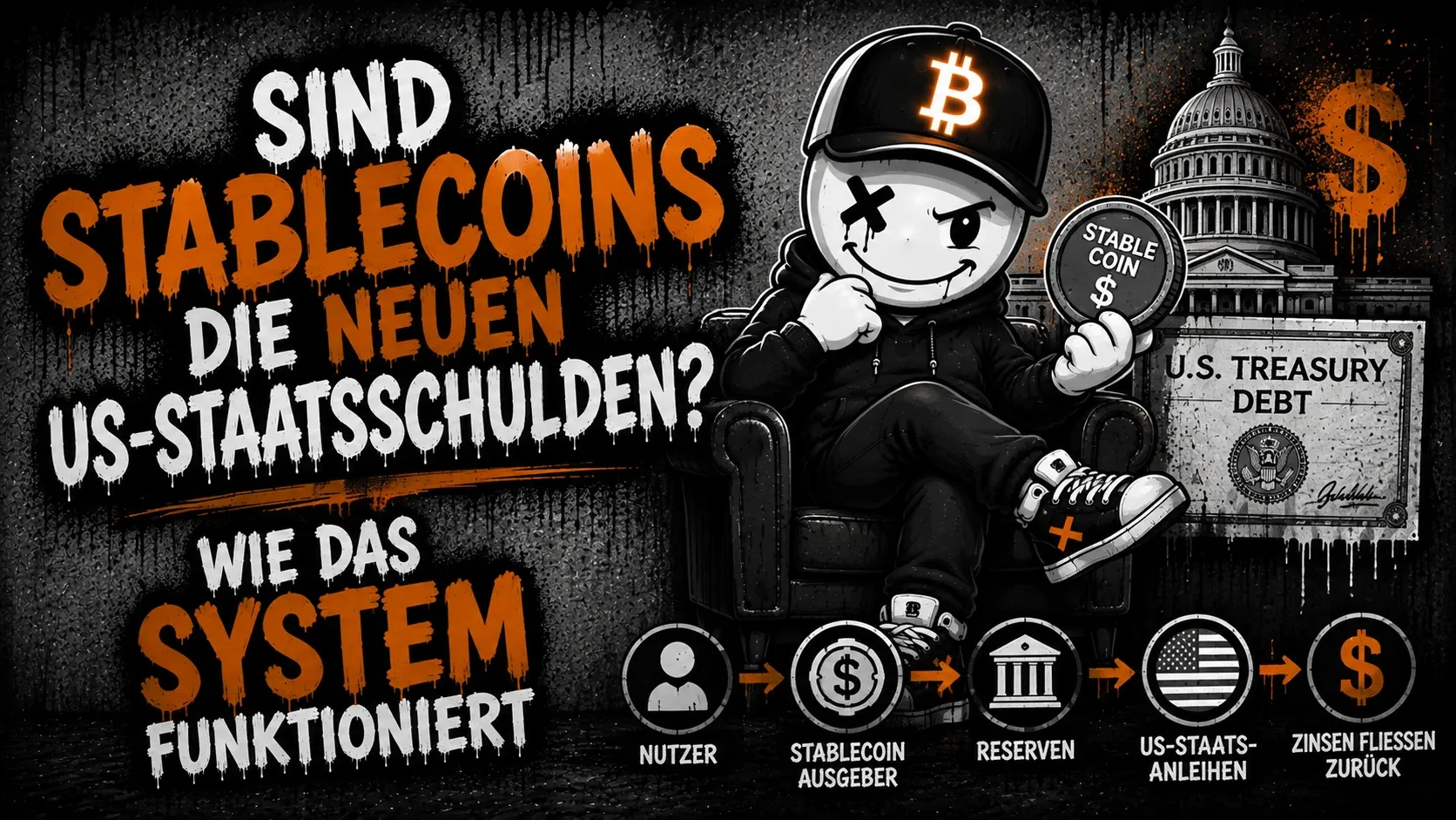 Pete sitzt im Sessel und hält eine Münze mit der Aufschrift „Stablecoin“ hoch, im Hintergrund das Kapitol und eine Urkunde mit der Aufschrift „U.S. Treasury Debt“ — unten eine Kette in fünf Schritten: Nutzer, Stablecoin-Ausgeber, Reserven, US-Staatsanleihen, Zinsen fließen zurück. Links der Schriftzug „Sind Stablecoins die neuen US-Staatsschulden? Wie das System funktioniert“