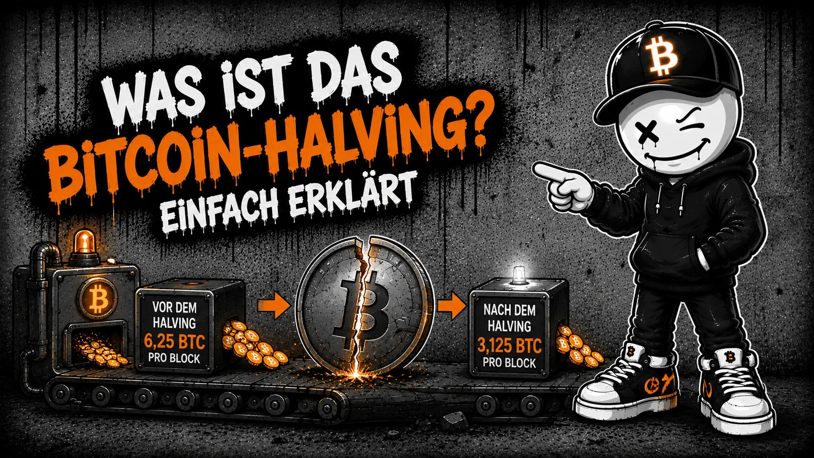 Pete zeigt auf ein Fließband: links eine Maschine mit der Aufschrift „Vor dem Halving 6,25 BTC pro Block“, in der Mitte eine entzweibrechende Bitcoin-Münze, rechts „Nach dem Halving 3,125 BTC pro Block“ mit sichtbar weniger Münzen — darüber der Schriftzug „Was ist das Bitcoin-Halving? Einfach erklärt“