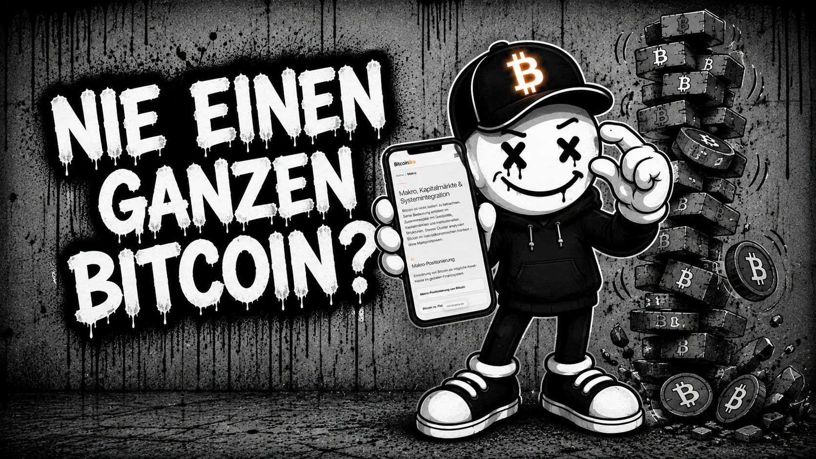Pete hält ein Handy hoch, auf dem die Makro-Seite von bitcoinaera.de zu sehen ist, rechts hinter ihm ein bröckelnder Turm aus Bitcoin-Klötzen — links der Schriftzug „Nie einen ganzen Bitcoin?“