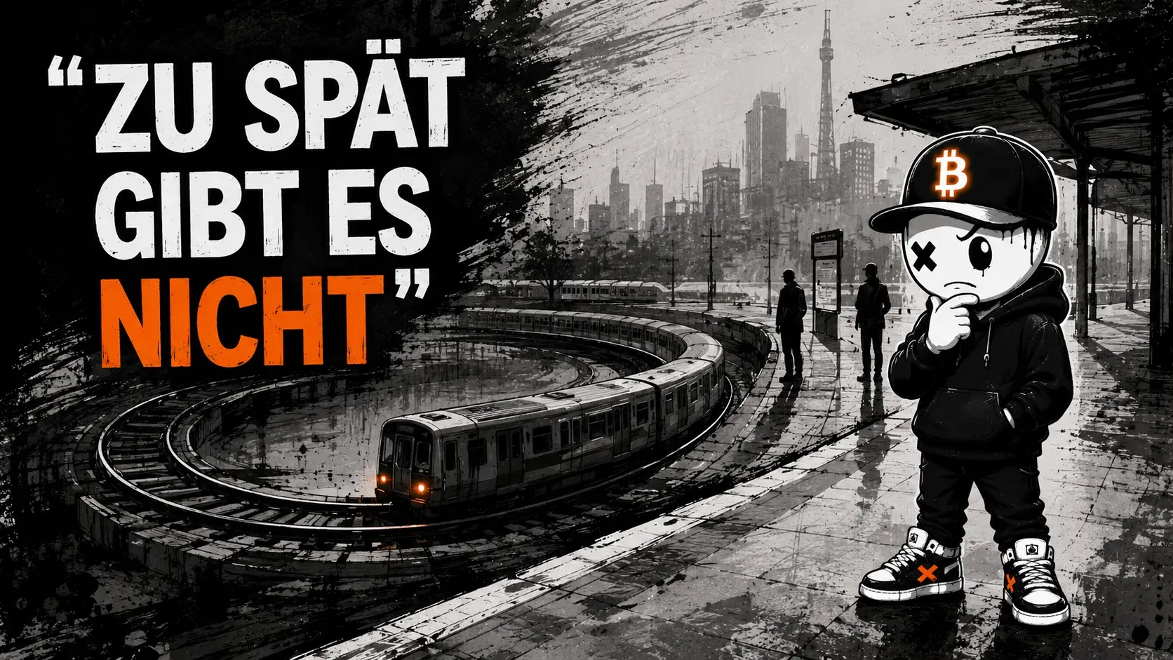 Pete steht nachdenklich auf einem regennassen Bahnsteig, während im Hintergrund ein Zug auf einem Kreisgleis fährt statt abzufahren — Schriftzug „Zu spät gibt es nicht“