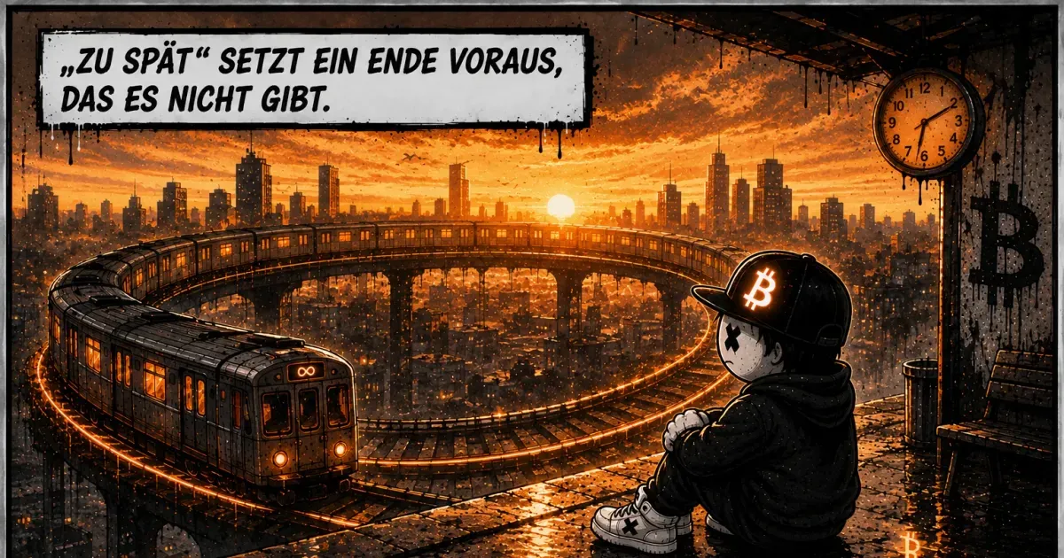 Pete sitzt bei Sonnenuntergang am Bahnsteig, während der Zug seine Kreisbahn über der Stadt zieht